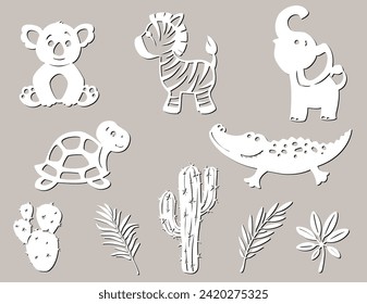 Conjunto de animales tropicales, plantas, nubes y el sol. Para el corte de trazadores láser, para la decoración de bebés