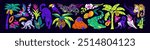 Set of tropical animals and plants. Different jungle flora, exotic fauna. Colourful rainforest nature- jaguars, monkeys, crocodiles, snakes, palm trees, bananas. Flat isolated vector illustrations
