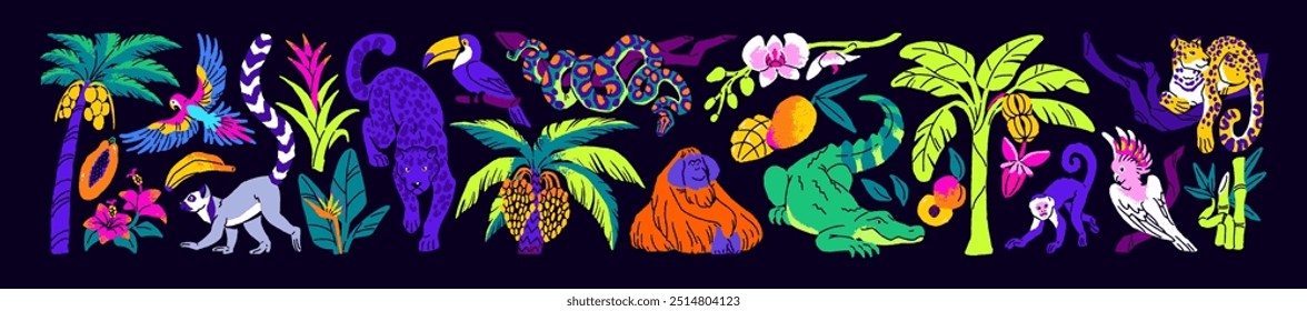 Conjunto de animais e plantas tropicais. Flora selva diferente, fauna exótica. Natureza da floresta tropical colorida- onças, macacos, crocodilos, cobras, palmeiras, bananas. Ilustrações isoladas planas de vetor