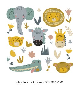 Set with tropical animals and plants. Vector illustration on white background.