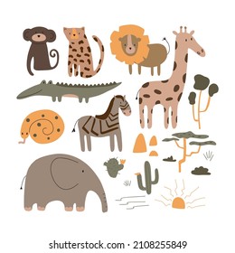 Set with tropical animals and plants. Vector illustration on white background.