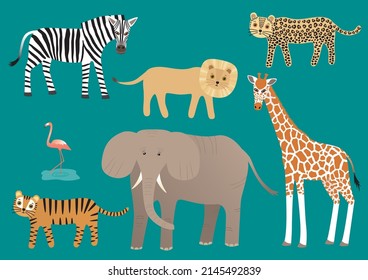 Set of tropical animals. Simple vector illustration.