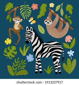 Set of tropical animals - zebra, monkey, sloth and leaves in vector graphics on a  blue background. Postcard, banners, prints for covers, t-shirts, packaging design concept.