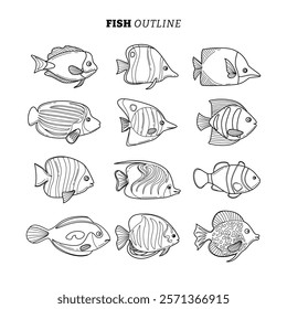 Set of tropical Aquarium Fish outline collection with line art style, aquarium animals fauna, Butterfly Fish, Angelfish, Clownfish, Blue Tang, Discus, flat vector illustration.