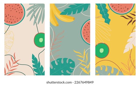 set of tropical background templates with doodle fruits and plants 
