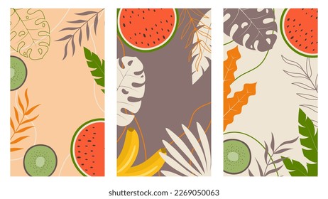 set of tropical background templates with doodle fruits and plants 