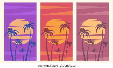 Set von tropischen Hintergründen mit Palmen und Sonne, einfaches, flaches Vektormuster.