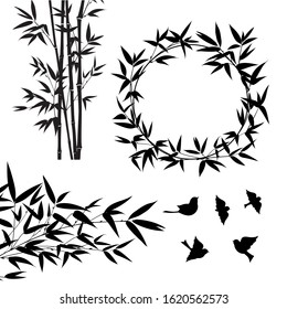 Set of tropical bamboo elements. Collection of palm leaves on a white background. Vector illustration bundle.