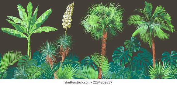 A set of Tropical bananas palm trees, monstera, yucca, leaf, fruits foliage collection. Watercolor realistic illustration. Vintage design