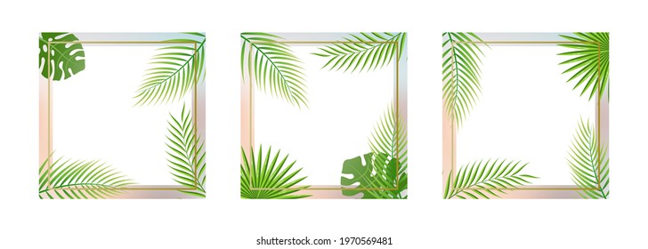 Set of tropical banner templates with palm leaves for social media, stories, advertisements, flyers. Vector illustration.