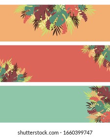 Set of tropical banners. Colorful retro design, floral corners and bars vectors. Exotic foliage and palm leaves pattern background.