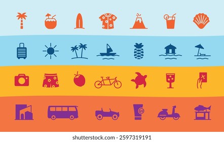 Set of tropical beach holiday starter pack icons. Beach activity, food and drinks, transportation, hotel and resort symbol icon collection. Vector illustration