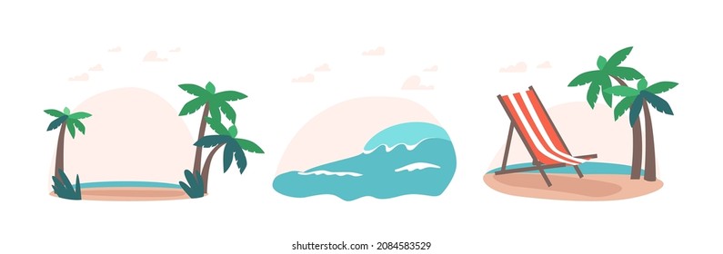 Set Tropical Beach with Palm Trees, Chaise Lounge at Sandy Shore, Ocean Waves Isolated on White Background. Exotic Tropical Resort, Island, Summer Vacation. Cartoon Vector Illustration, Icons