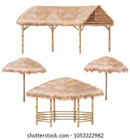 Set of tropical beach shelter buildings with palm thatch roof. Bamboo gazebo, canopy and parasol  isolated on white. Vector flat design element.