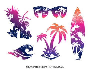 Set of tropical beach and surf prints. Silhouettes surfboard, palm trees, tropical cocktail, wave and sunglasses with gradient fill.
