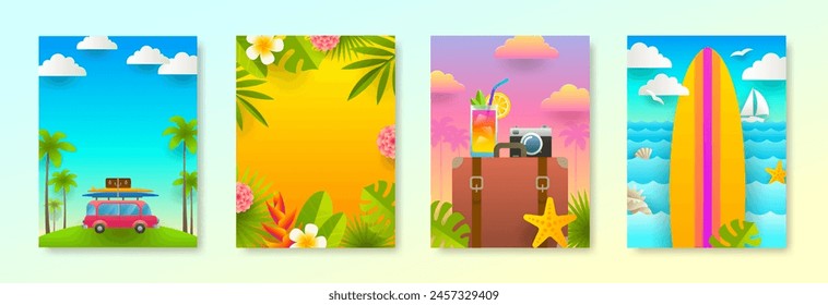 Set von tropischen Strandurlaub und Sommerferien Design für Plakate oder Grußkarte mit Kopierraum. Vektorillustration.