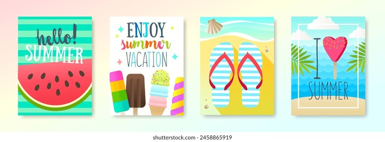 Set of tropical beach vacation and summer holidays design. Vector illustration for poster or greeting card.