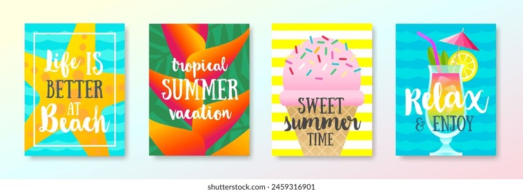 Set of tropical beach vacation and summer holidays design. Vector illustration for poster or greeting card.