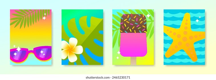 Set of tropical beach vacation and summer holidays design for posters or greeting card. Background with copy space. Vector illustration.