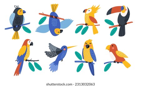 Set of tropical birds, Tropical collection of stickers for summer design, scrapbooking and postcards. Vector illustrations