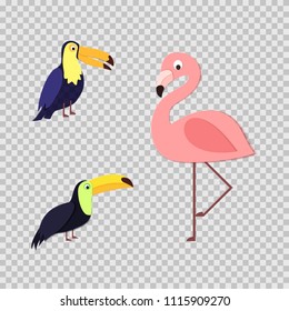 Set of tropical birds in trandy paper cut style. Craft flamingo and toucan on with shadow for package design, T-shirt printing. Vector card illustration in papercutting art style