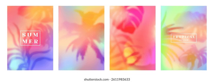 Set of tropical blurred backgrounds with palm and monstera leaf silhouettes. Perfect for summer, vacation, beach, or exotic-themed designs. Bright, dreamy, and colorful aesthetic.