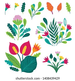Set of tropical bouquets with palm leaves, calla, protea on white background