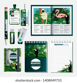 set of tropical brochure with notebooks and usb memory