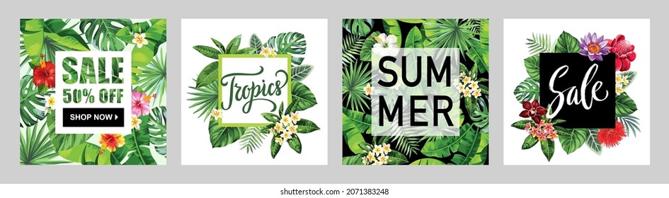 Set of tropical card templates for sale or party invitation. Vector design.