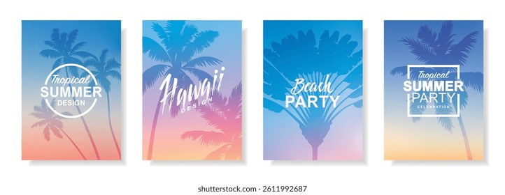  Set of tropical cards with palm tree silhouettes. Hawaiian summer posters. Templates for card, beach party flyer and invitation. Sea ​​sunset, ocean sunrise, evening sky. Vector illustration, meshes.
