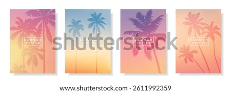  Set of tropical cards with palm tree silhouettes. Hawaiian summer posters. Templates for card, beach party flyer and invitation. Sea ​​sunset, ocean sunrise, evening sky. Vector illustration, meshes.