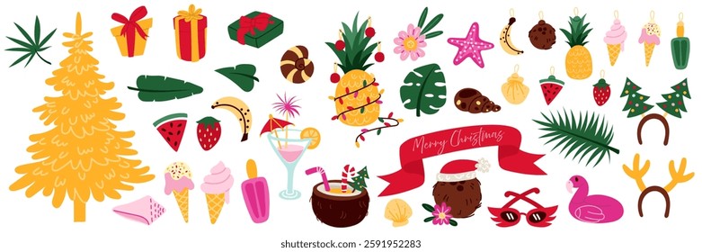 set of Tropical Christmas. Lots of elements. Gifts, fruits, an air mattress, ice cream in a flat style. An illustration for the design of a festive cover, a greeting card. Christmas and New Year.