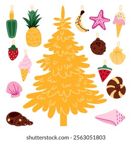 set tropical Christmas tree toys for an artificial yellow Christmas tree. objects are shells, fruits, ice cream, starfish. Isolated items for printed products for gift or game. Christmas on vacation