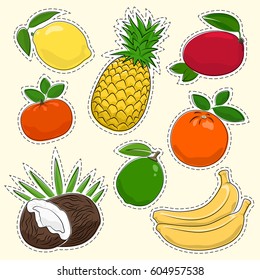 Set of Tropical and Citrus Fruit Stickers, Pins or Patches, Lemon with Pineapple and Mango, Mandarin with Lime and Orange, Coconut and Banana, Vector Illustration 