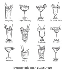 Set of tropical cocklails. Summer alcoholic drinks. Engraving holiday and beach party vector illustration. Long island, bloody mary, cosmopolitan, margarita, mai tai, pina colada, blue lagoon and etc.