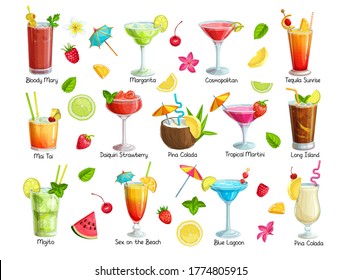 Set of tropical cocklails. Summer alcoholic holiday and beach party drinks, fruit and berries. Long island, bloody mary, margarita, mai tai, pina colada, blue lagoon and etc. Vector illustration.