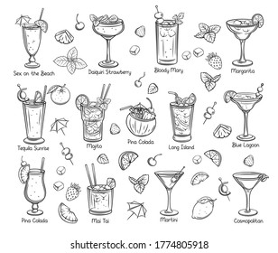 Set of tropical cocklails. Summer alcoholic drinks. Engraving holiday and beach party vector illustration. Long island, bloody mary, cosmopolitan, margarita, mai tai, pina colada, blue lagoon and etc.