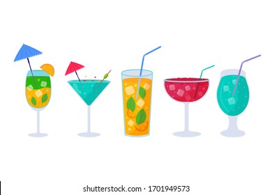 Set of Tropical cocktails. Alcoholic summer drinks in glasses on the beach, mojito, vodka, sambuca, martini, juices, bloody mary. Holiday concept for party invitation, bar menu. Vector illustration