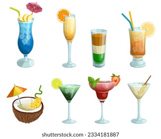 A set of tropical cocktails. Blue lagoon, mimosa, pina colada, martini, etc. Vector illustration on a white background.