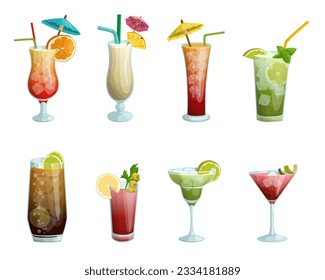 A set of tropical cocktails. Cuba libre, mojito, bloody Mary, etc. Vector illustration on a white background.