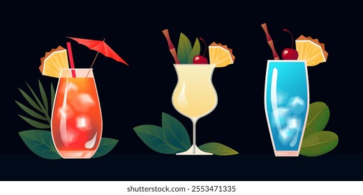 Set of Tropical Cocktails with Exotic Decorations on Dark Background, Mai Tai, Pina Colada, and Blue Lagoon