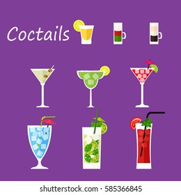 Set tropical cocktails in a flat style. Vector illustration