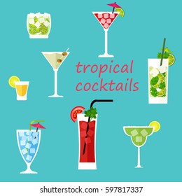 Set tropical cocktails in a flat style. Vector illustration