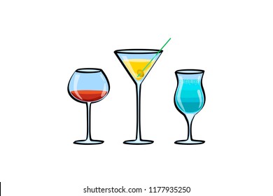 Set of tropical cocktails, juice, wine and champagne glass. Vector illustration eps 10