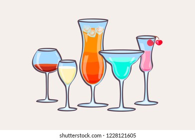 Set of tropical cocktails, juice, wine and champagne glass. Vector illustration eps 10