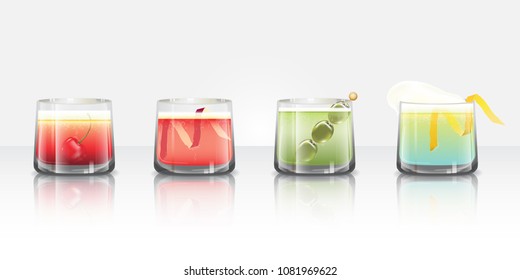 Set of tropical cocktails, mock-tails and juices in clear glasses with reflections. Vector illustration.
