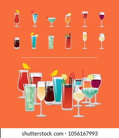 Set of tropical cocktails with orange juice, blue lagoon, bloody mary, vodka with cola, red and white wine and champagne vector illustration menu