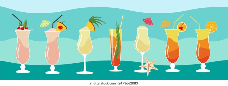 Set of tropical cocktails - Pina Colada, Tequila Sunrise. Vector icons.