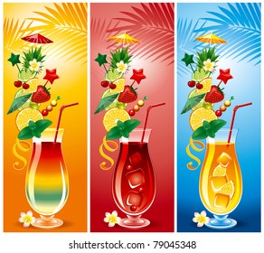 Set of tropical cocktails, in a richly decorated glasses