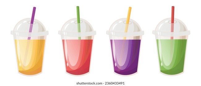 Set of tropical cocktails. Summer non alcoholic holiday drinks isolated on white background. Orange or pineapple juice, watermelone lemonade, blueberry lemonade, kiwi juice . Vector illustration.